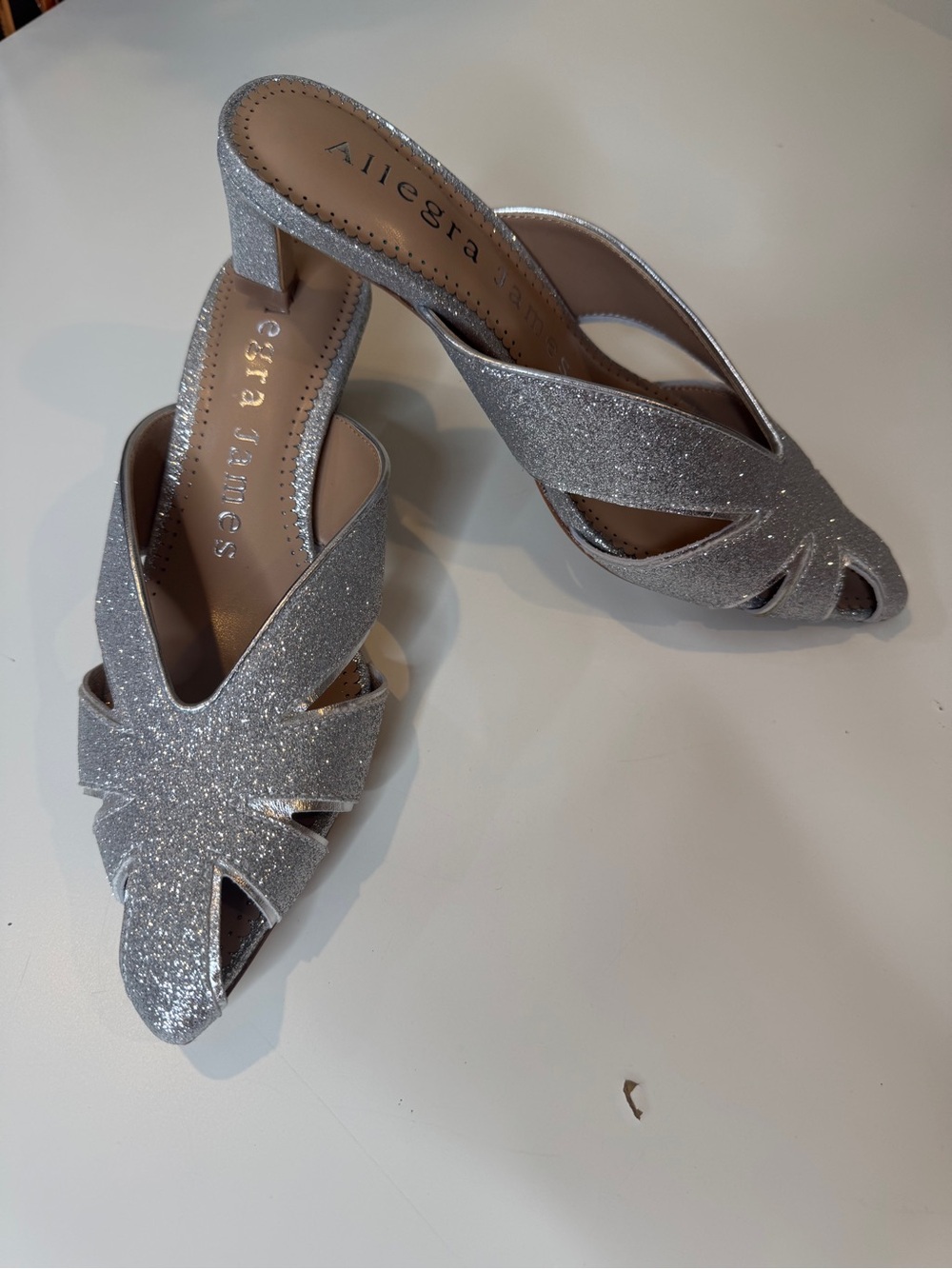 Allegra James Silver Glitter Peep Toe Mule Heels Size 6.5M Leather Insole NWOT